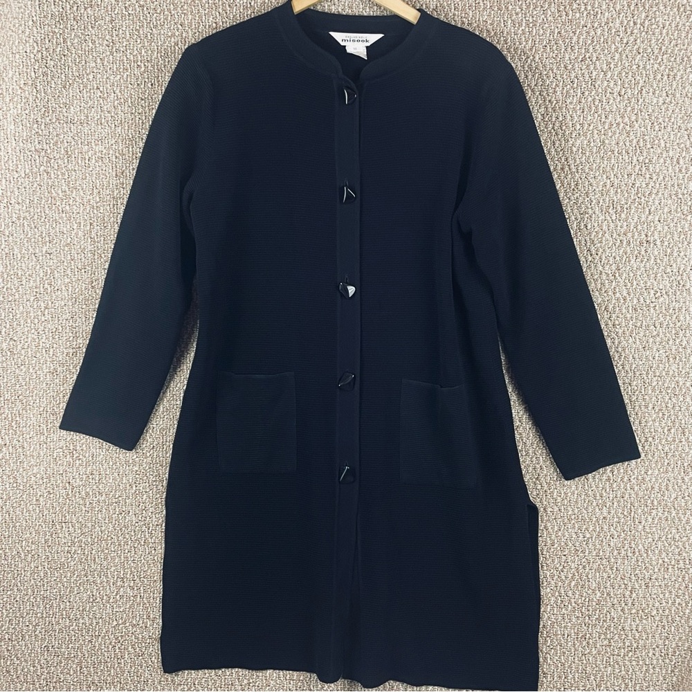 Misook Tunic Dress M Black Ribbed Knit Button Up Minimalist Lagenlook Career 52